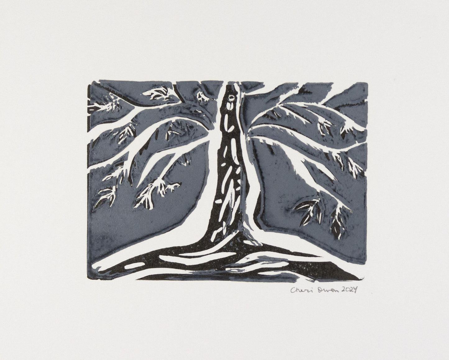 34x6 tree print with white branches and dark roots with night sky signed by artist.