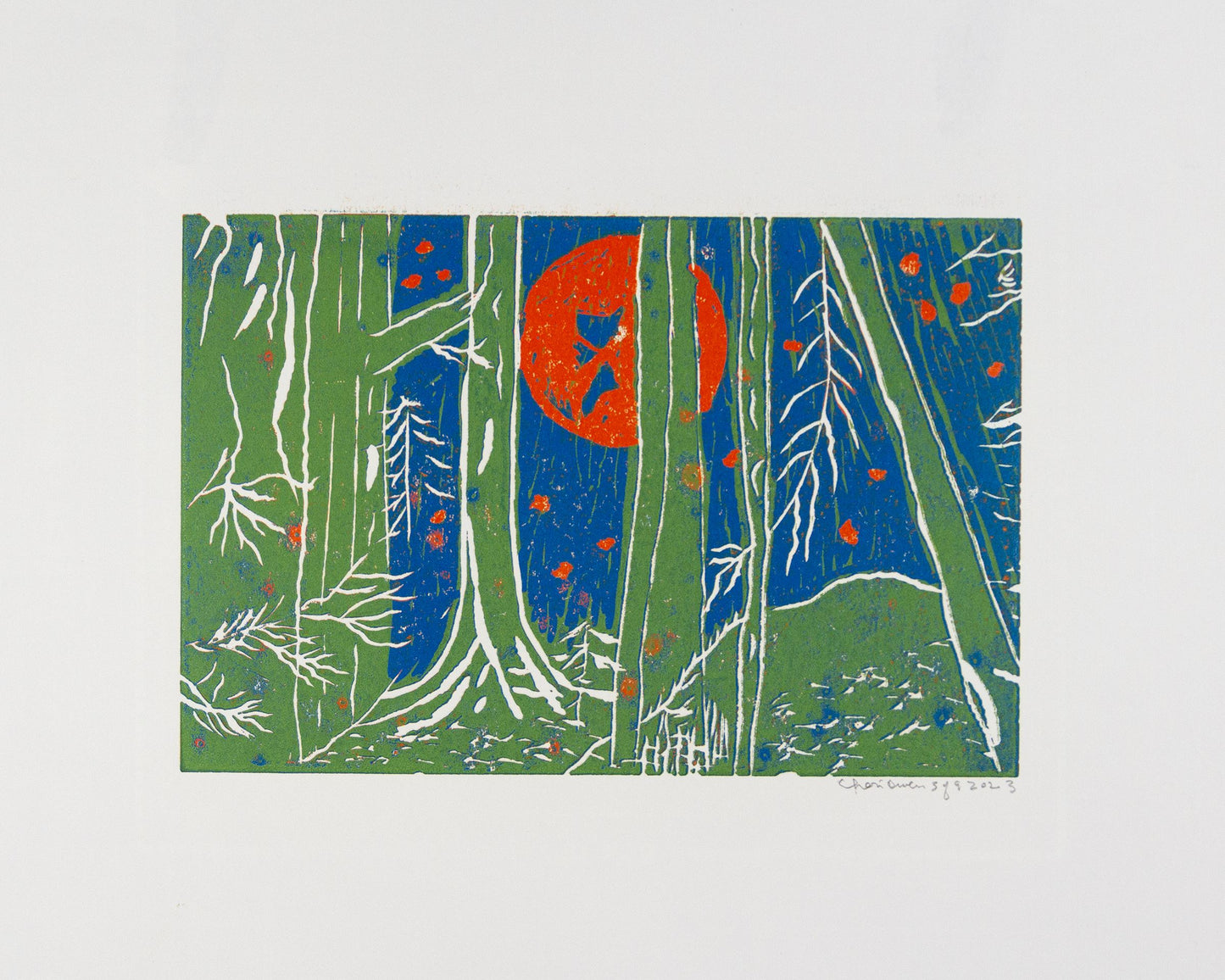 Orange Moon 6 - Light Green and White Trees