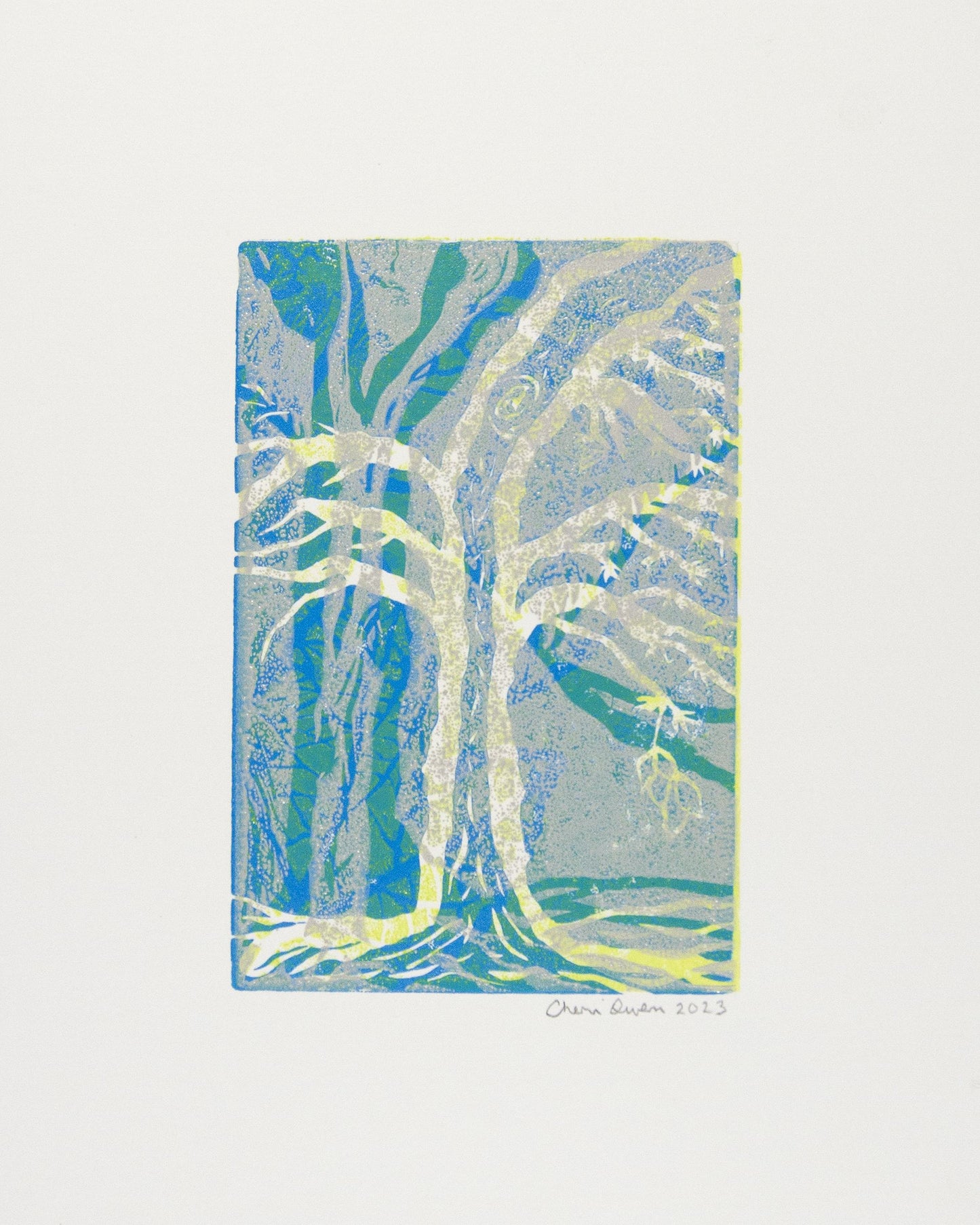 14x6 Abstract tree artwork with blue, green and yellow hues signed by artist.