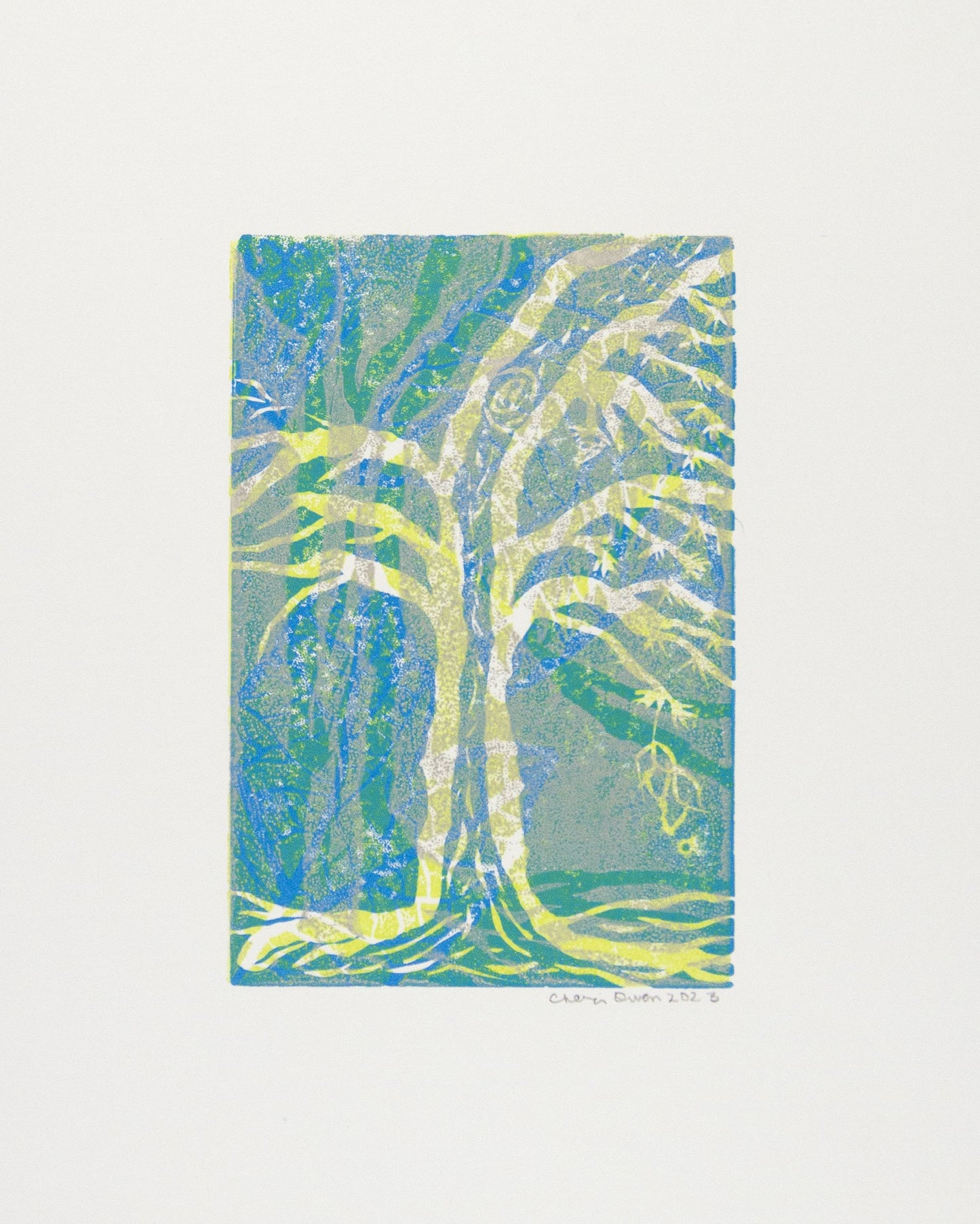 24x6 Abstract tree artwork with blue, green and yellow hues signed by artist.