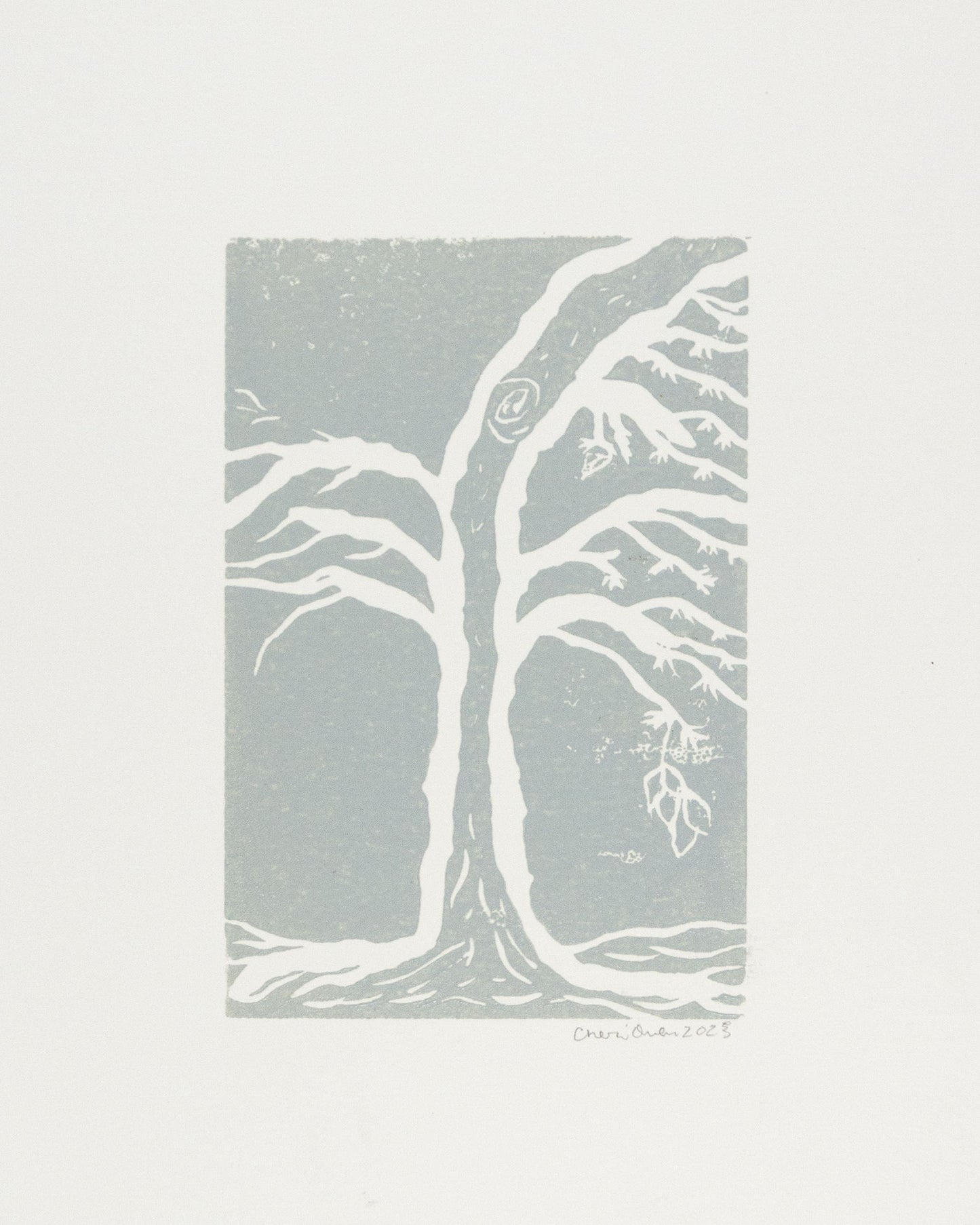 Abstract tree print in silver with white accents signed by artist.
