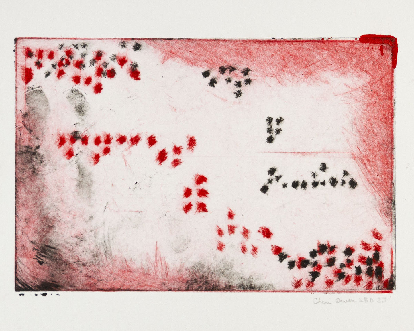 Copper Plate Etching abstract artwork with red and black signed by artist.