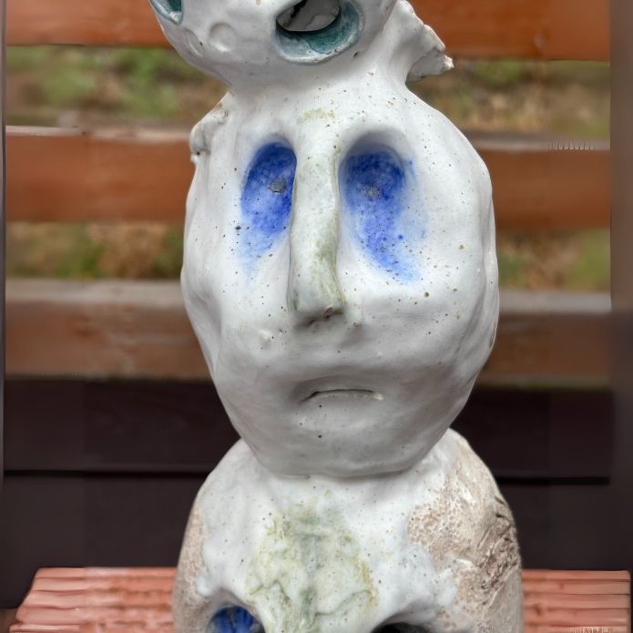 Close up of face of Cheri Owen’s ceramic sculpture titled “You Are Safe Totem,” featuring textured glaze and Braille message “You Are Safe”