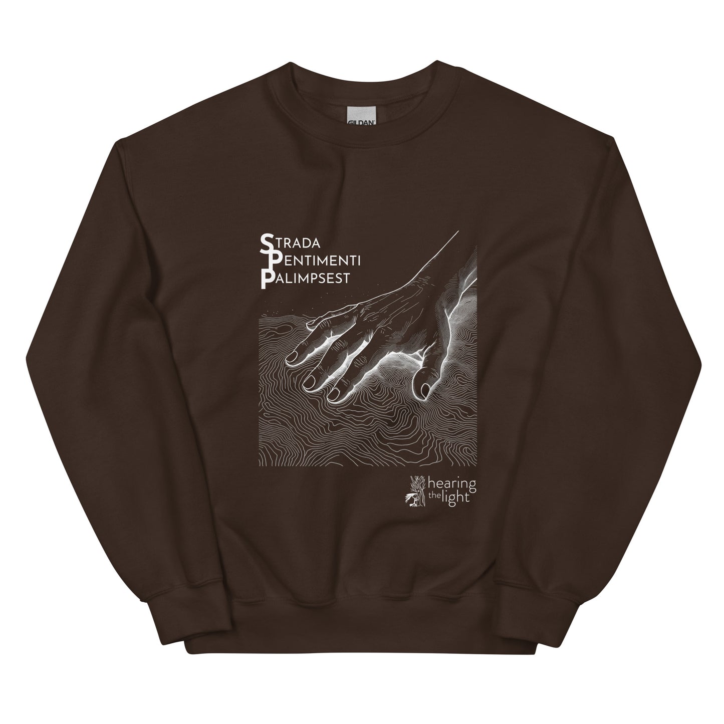 A brown sweatshirt with line art and text that reads 'Strada Sentimenti Palimpsest' on a white background