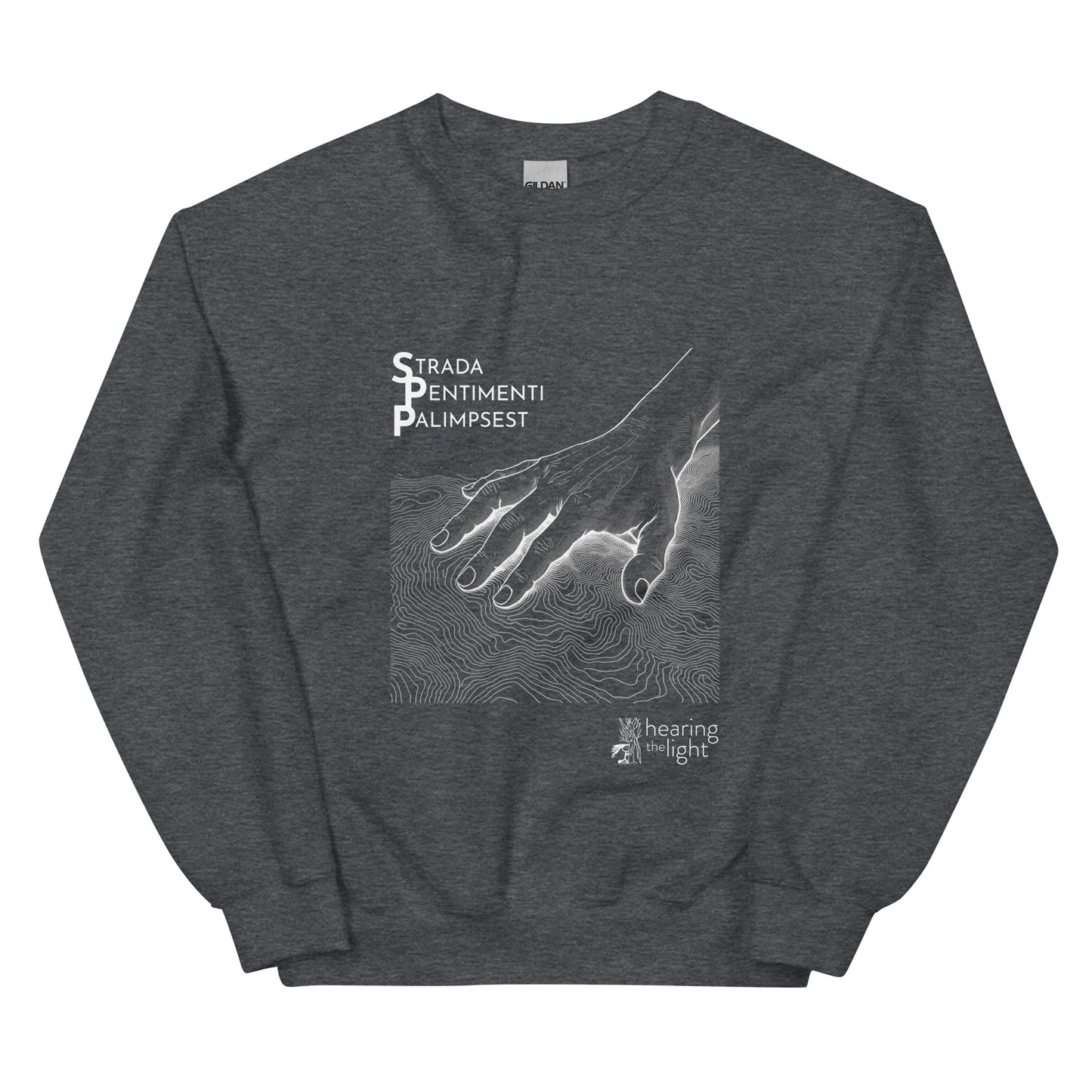 A dark heather sweatshirt with line art and text that reads 'Strada Sentimenti Palimpsest' on a white background