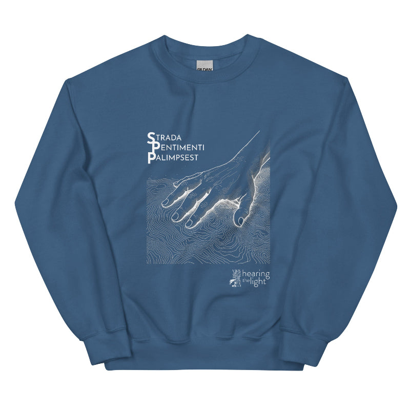 An indigo blue sweatshirt with line art and text that reads 'Strada Sentimenti Palimpsest' on a white background