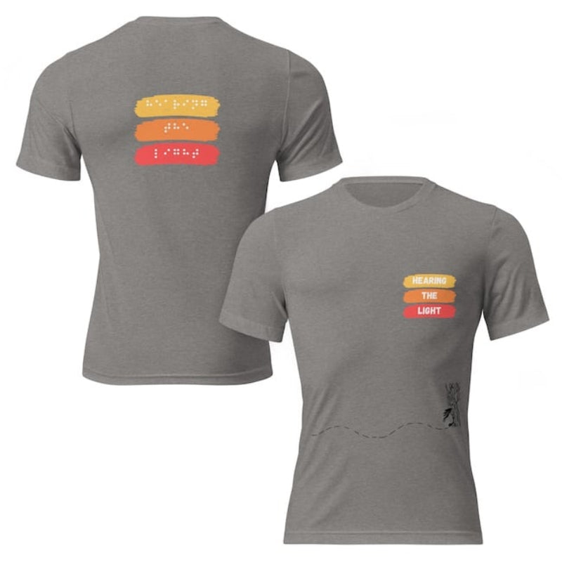 Unisex tri blend t-shirt grey front and back says hearing the light in yellow, orange and red.