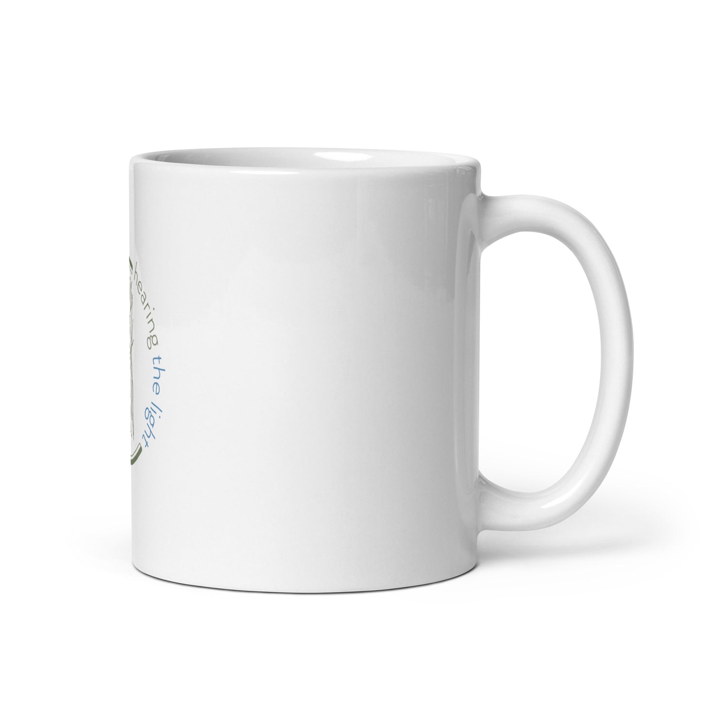 White mug with text on a white background