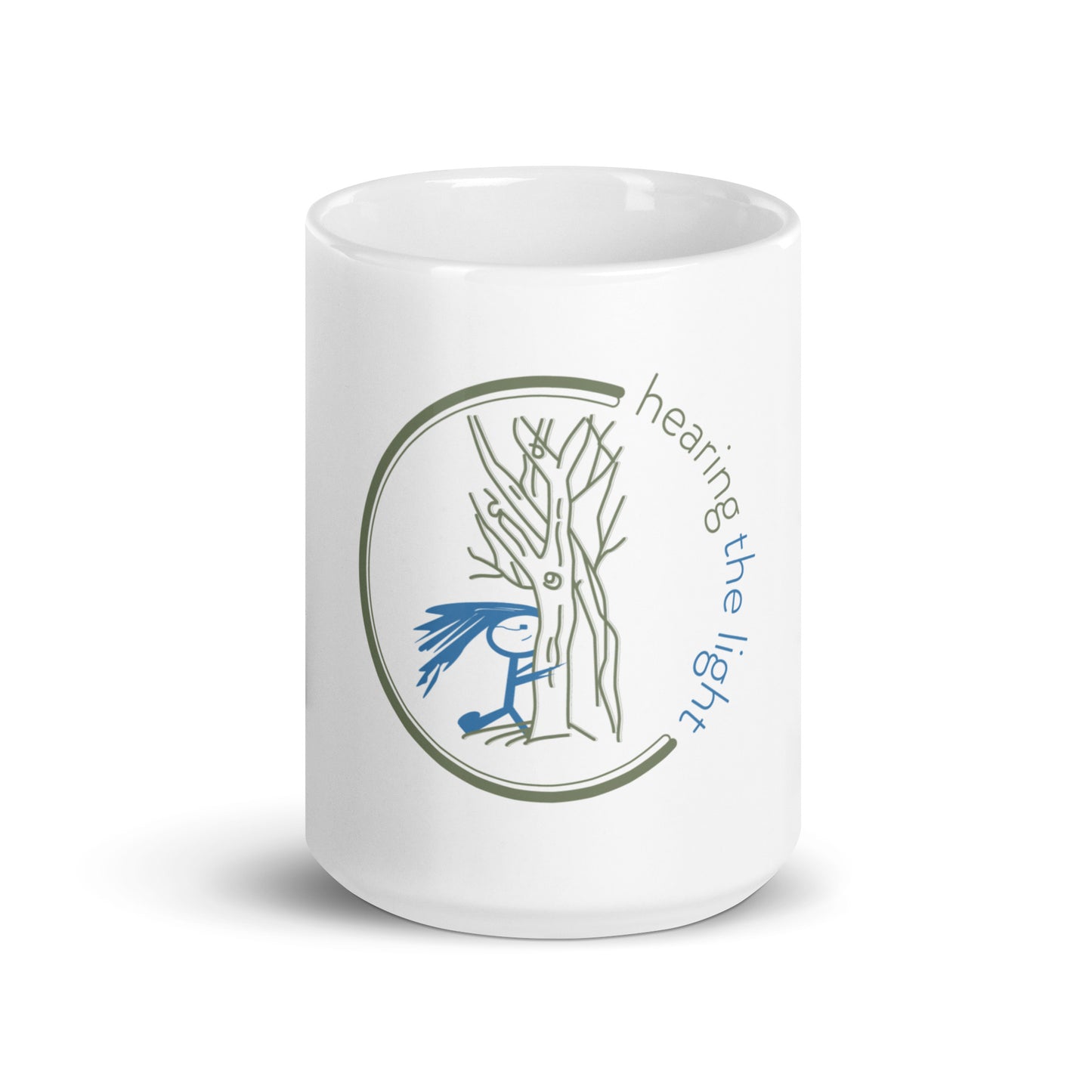 White mug with text 'hearing the light' on a white background