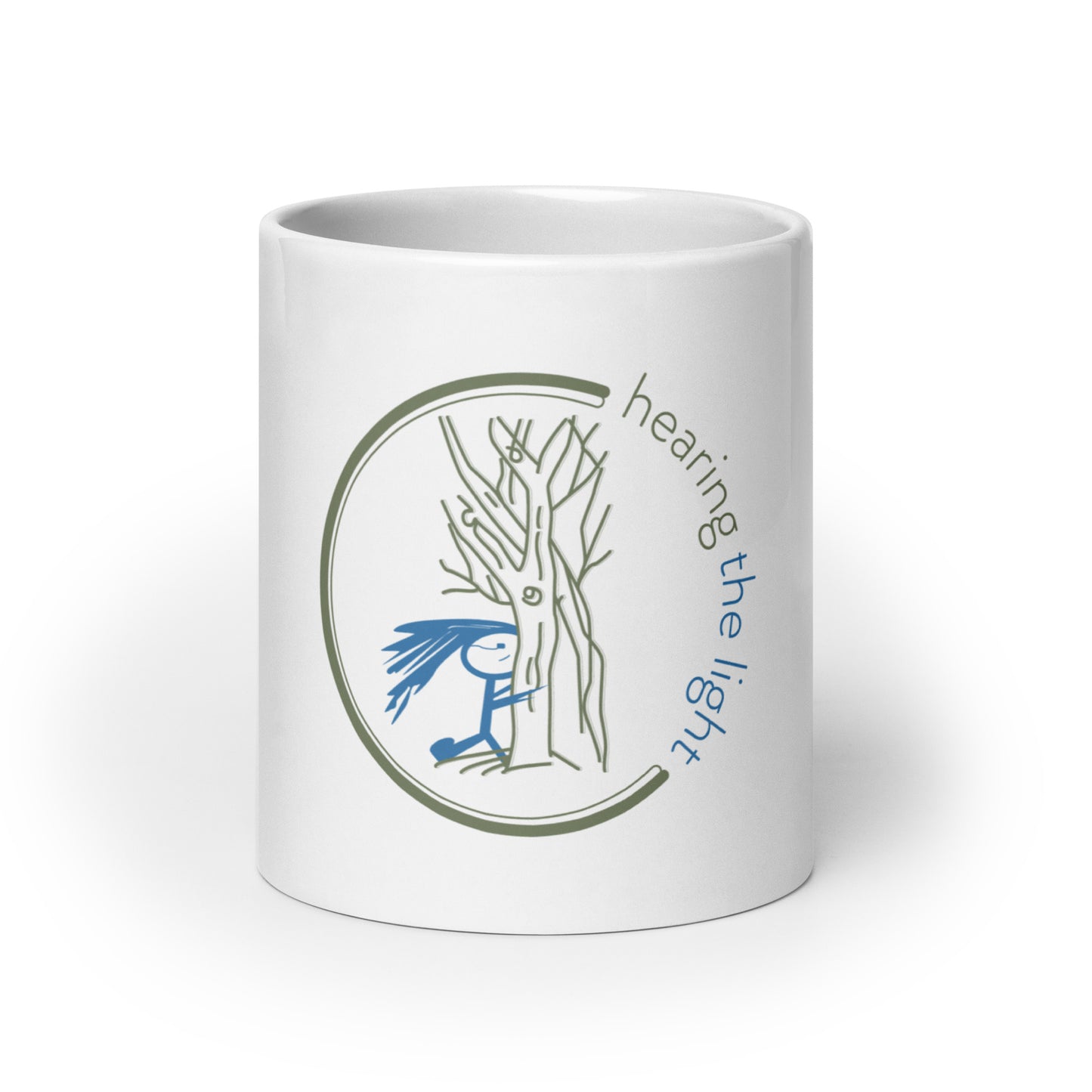 White mug with a design, accompanied by text, on a white background.