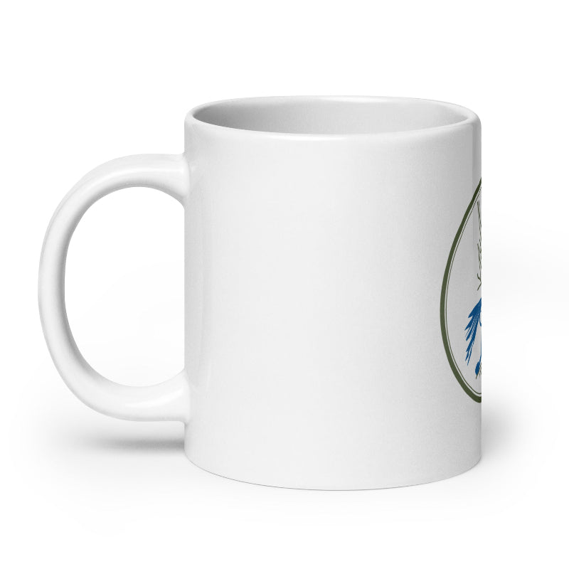 White mug with a logo on a white background