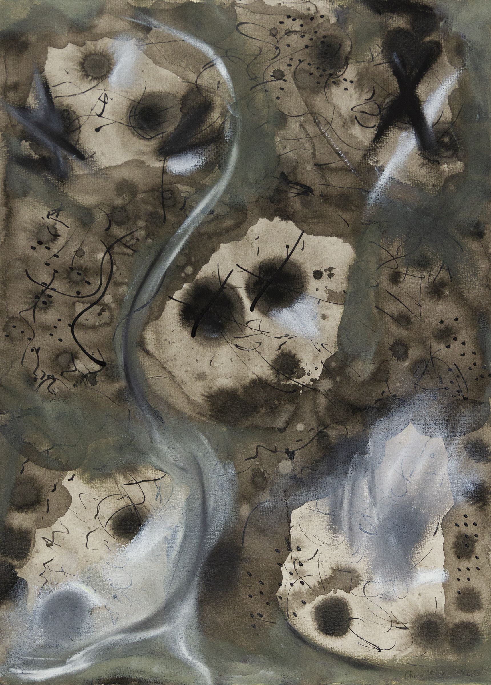 Abstract artwork with gray, black, and white splashes called a dark place signed by artist. 