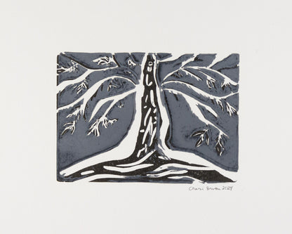 34x6 tree print with white branches and dark roots with night sky signed by artist. 