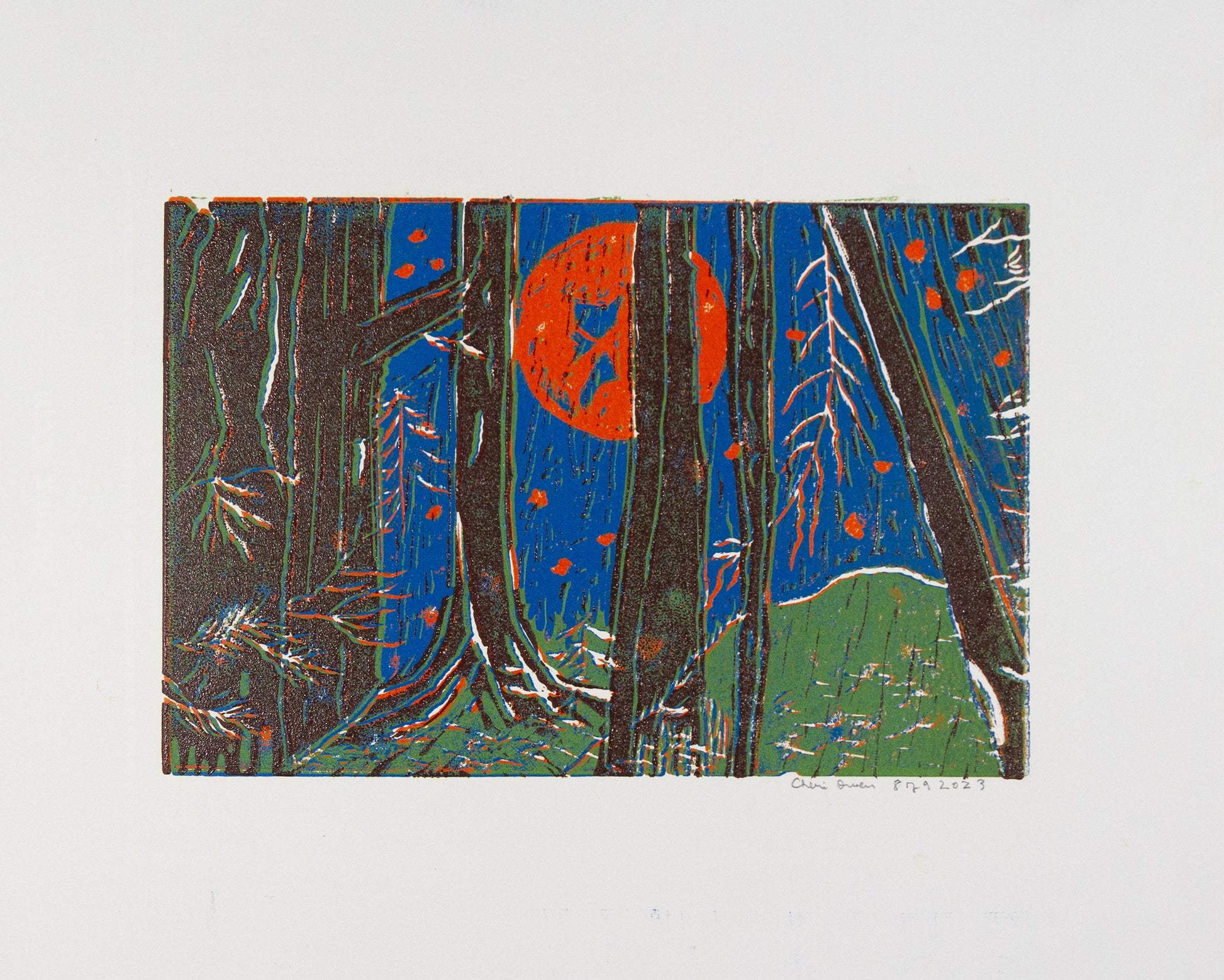 Forest with tall trees, a orange moon and blue sky print with artist signature. 
