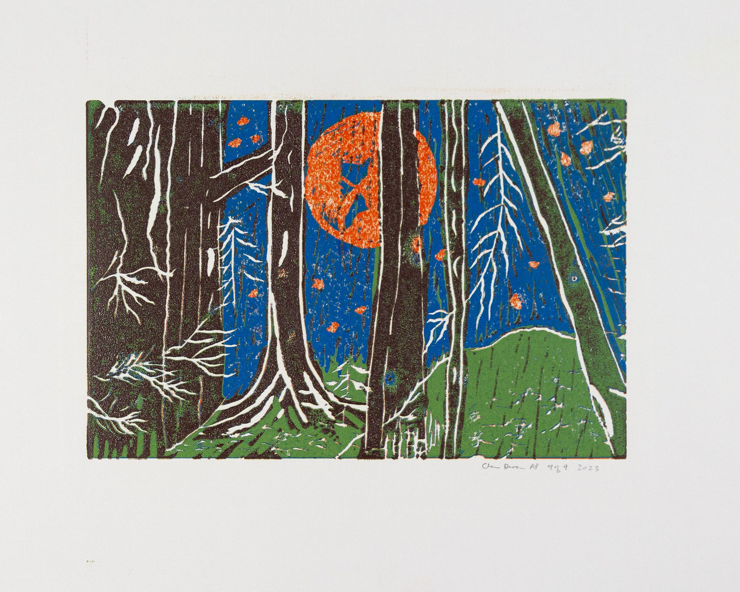 Orange Moon 6 - Light Green and White Trees