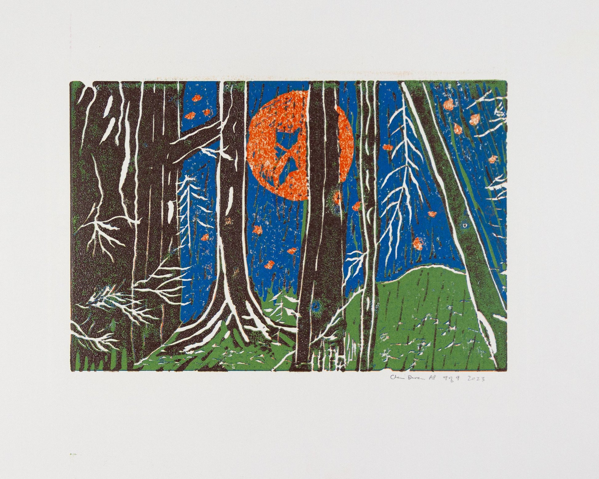 Orange Moon 6 - Light Green and White Trees