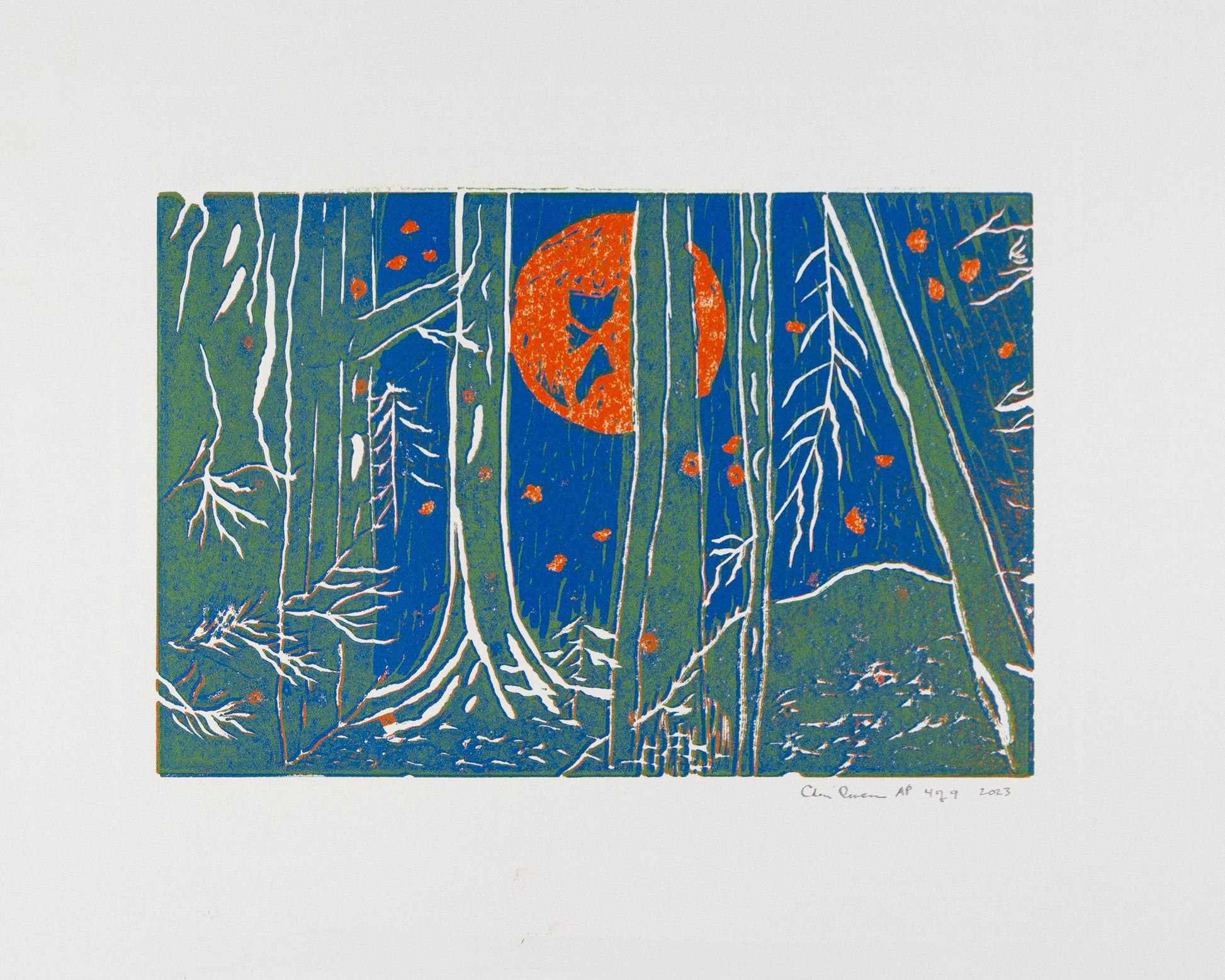 Orange Moon 6 - Light Green and White Trees