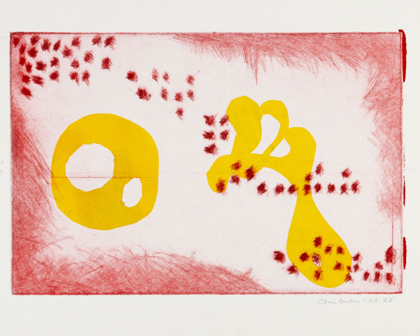 Copper Plate Etching abstract artwork with yellow shapes and red dots on white background it is signed by artist.