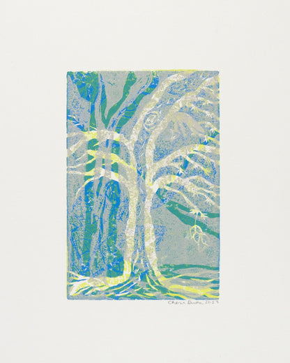 24x6 Abstract tree artwork with blue, green and yellow hues signed by artist. 