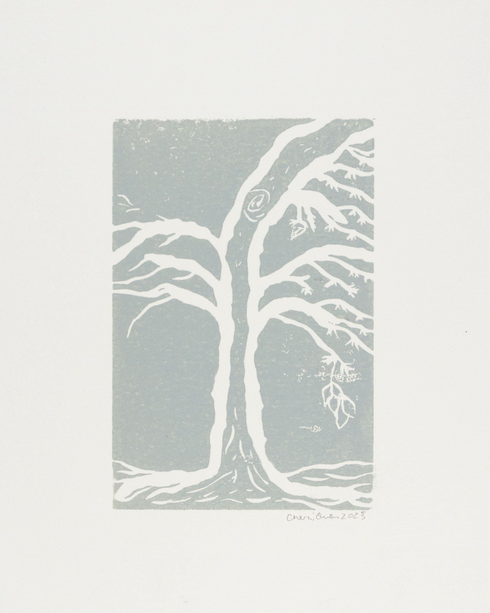 Abstract tree print in silver with white accents signed by artist. 