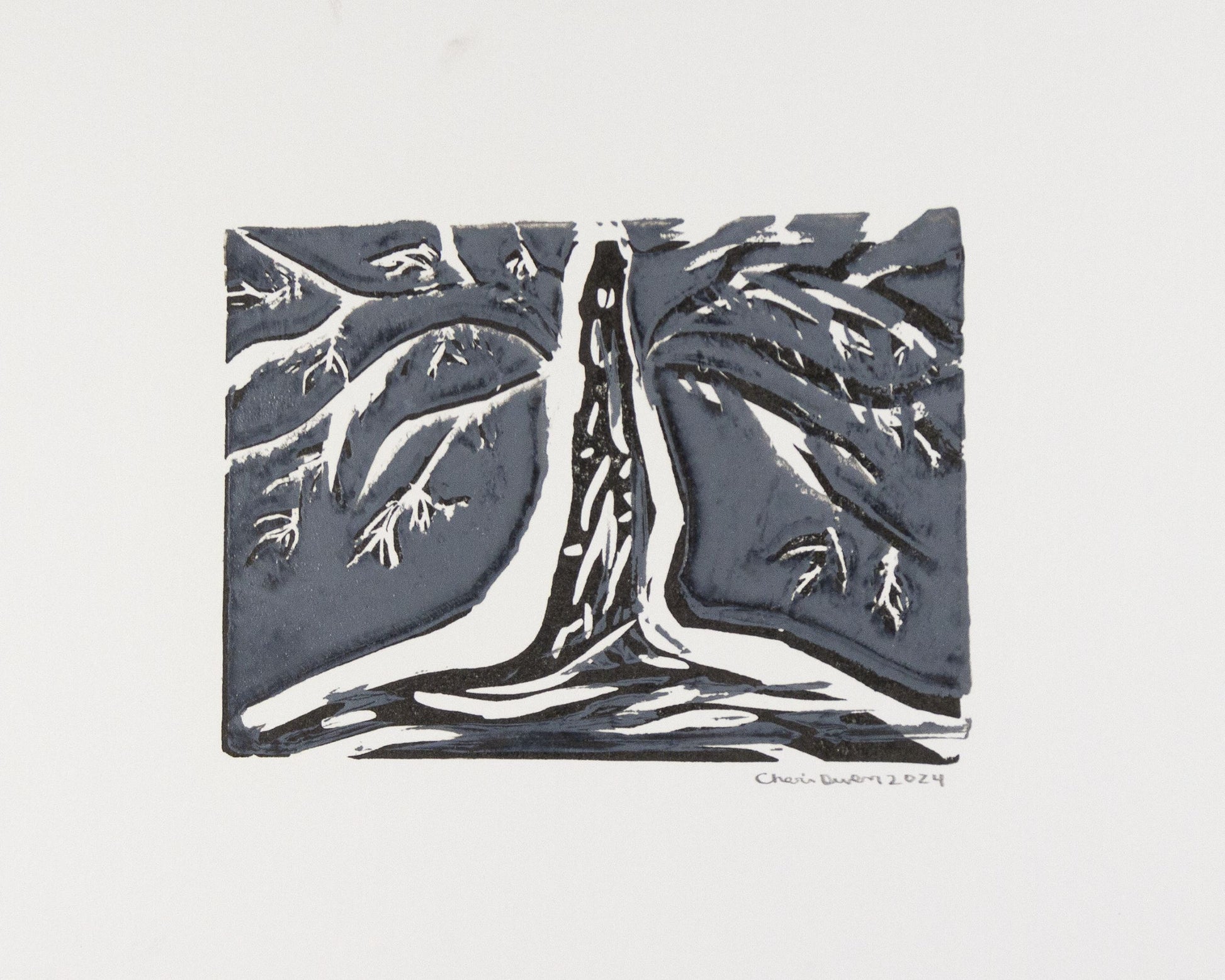 4x6 tree print with white branches and dark roots with night sky signed by artist. 