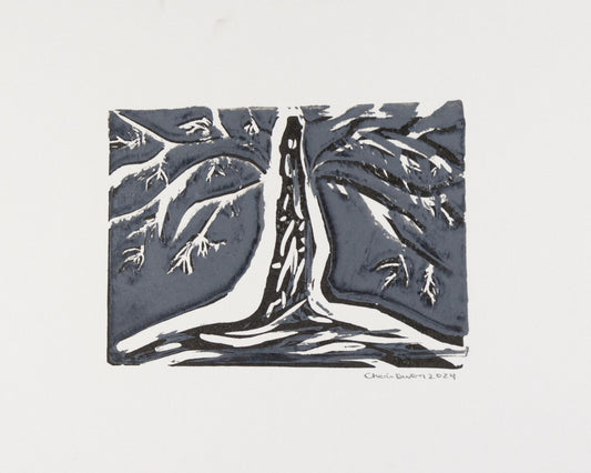4x6 tree print with white branches and dark roots with night sky signed by artist. 