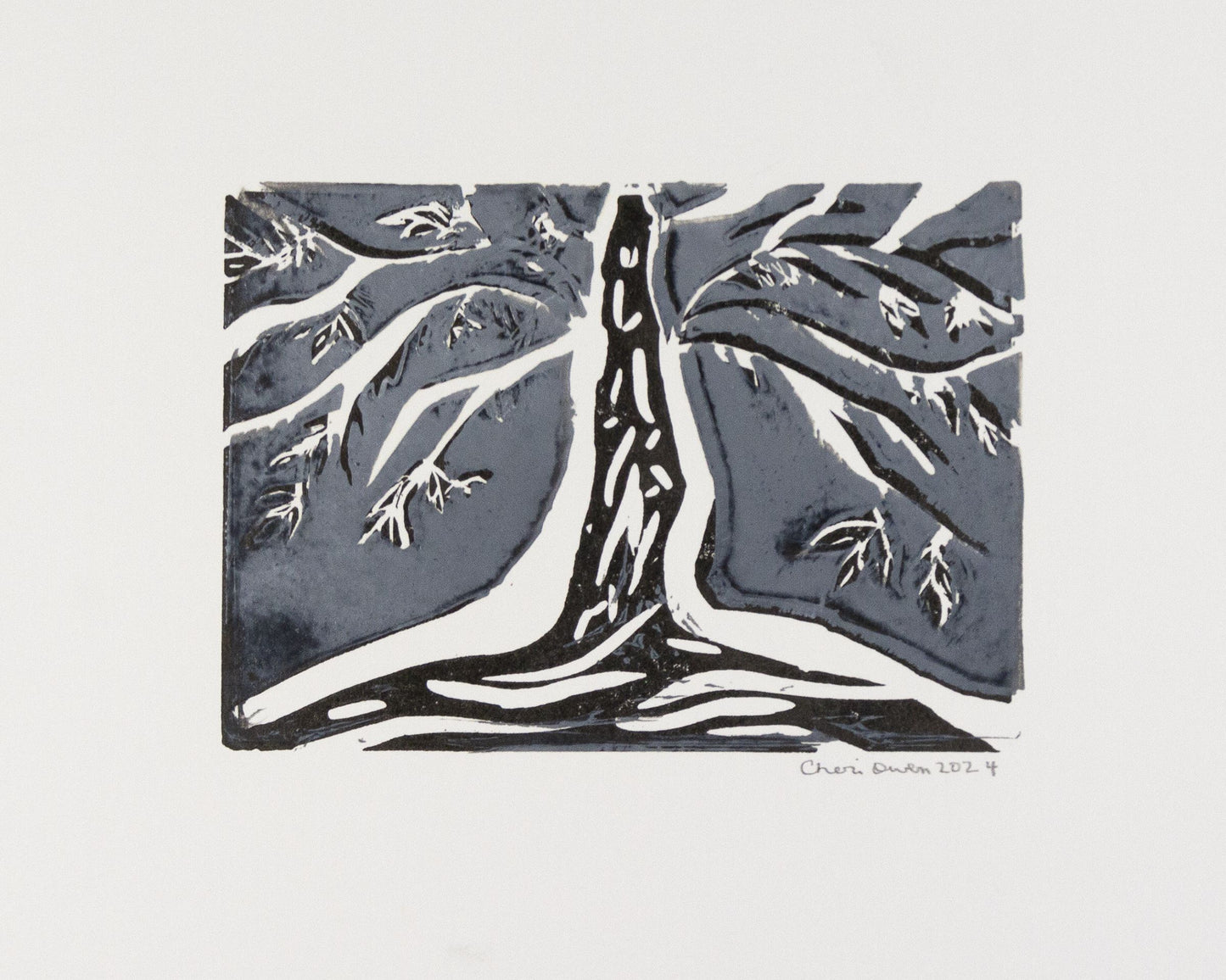 24x6 tree print with white branches and dark roots with night sky signed by artist. 