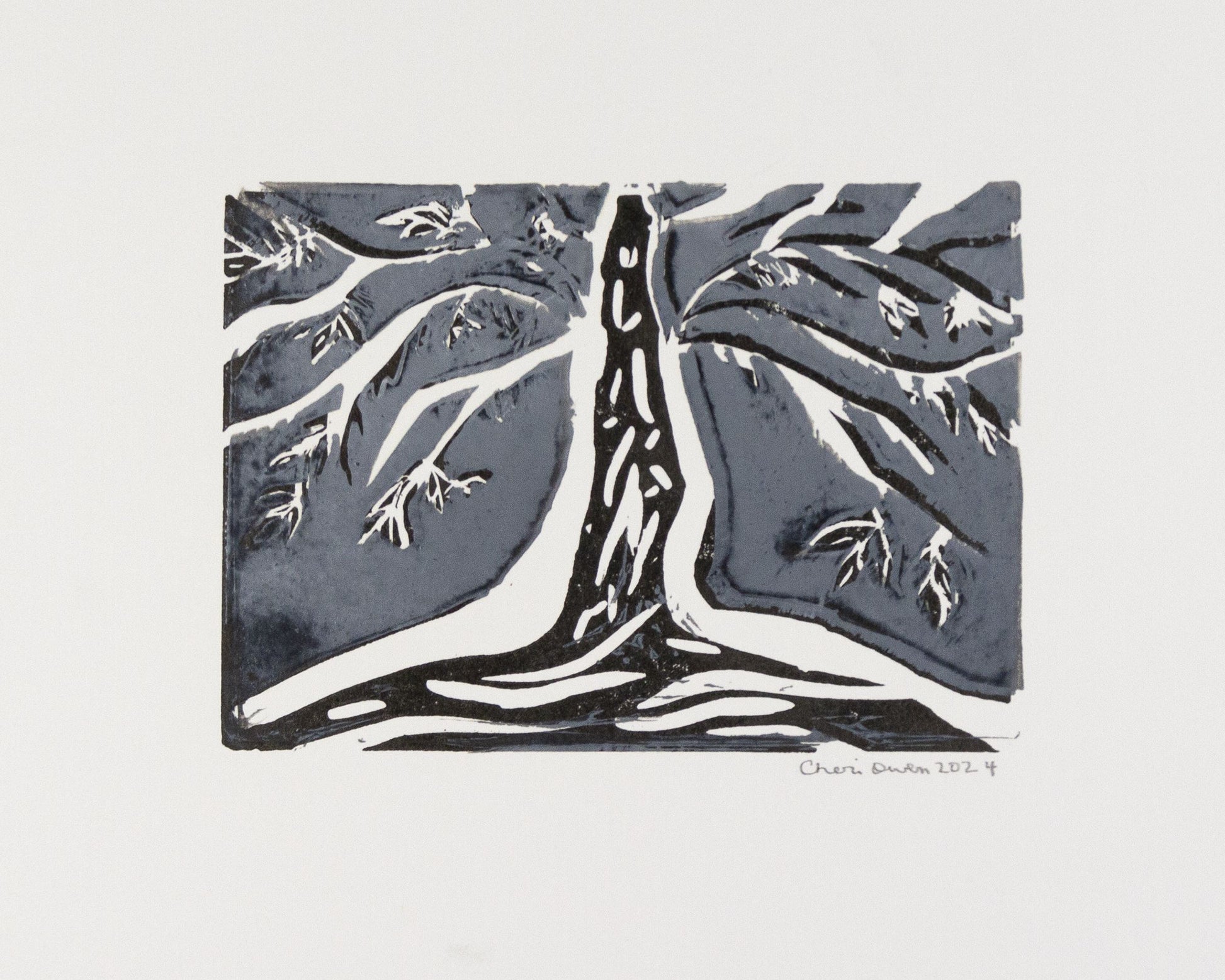 24x6 tree print with white branches and dark roots with night sky signed by artist. 