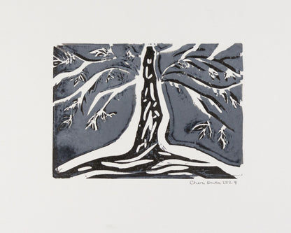 24x6 tree print with white branches and dark roots with night sky signed by artist. 