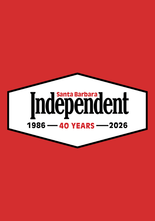 A red graphic with a white hexagonal badge reading Santa Barbara Independent, 1986 — 40 YEARS — 2026, in black and red text.