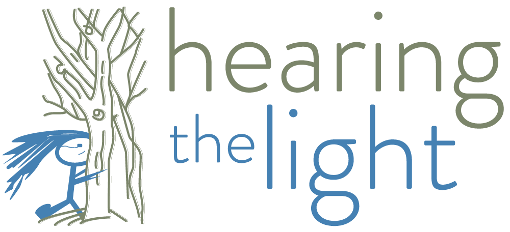 Logo for "Hearing the Light" featuring a childlike figure with blue hair hugging a tree, paired with soft green and blue typography.