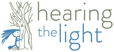 Logo for "Hearing the Light" featuring a childlike figure with blue hair hugging a tree, paired with soft green and blue typography.
