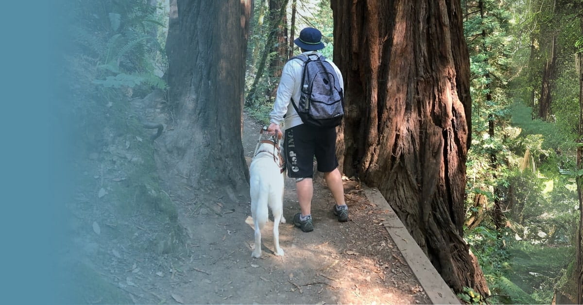 Cheri walking with Martinez in the woods.