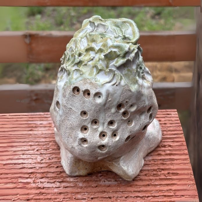 Back view of “I Am Strong” Dream Protector showing Cheri Owen’s detailed botanical impressions and green-tinted glaze on raw clay.