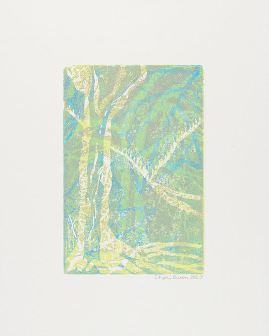 Abstract tree artwork with blue, green and yellow hues signed by artist. 