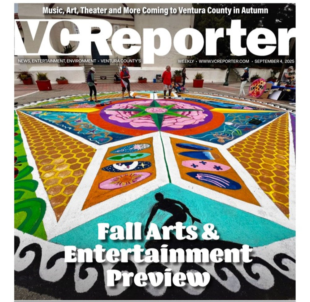 Cover of the VC Reporter dated September 4, 2025, featuring a large colorful street mural in progress during ArtWalk Ventura. Several people are working on the artwork, which includes vivid geometric patterns, symbols, and a central flower design. The cover headline reads: “Fall Arts & Entertainment Preview.”