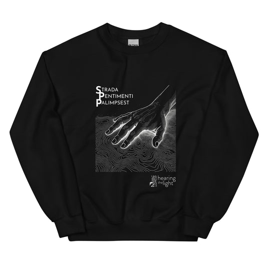 Black sweatshirt with line art and text that reads 'Strada Sentimenti Palimpsest' on a white background