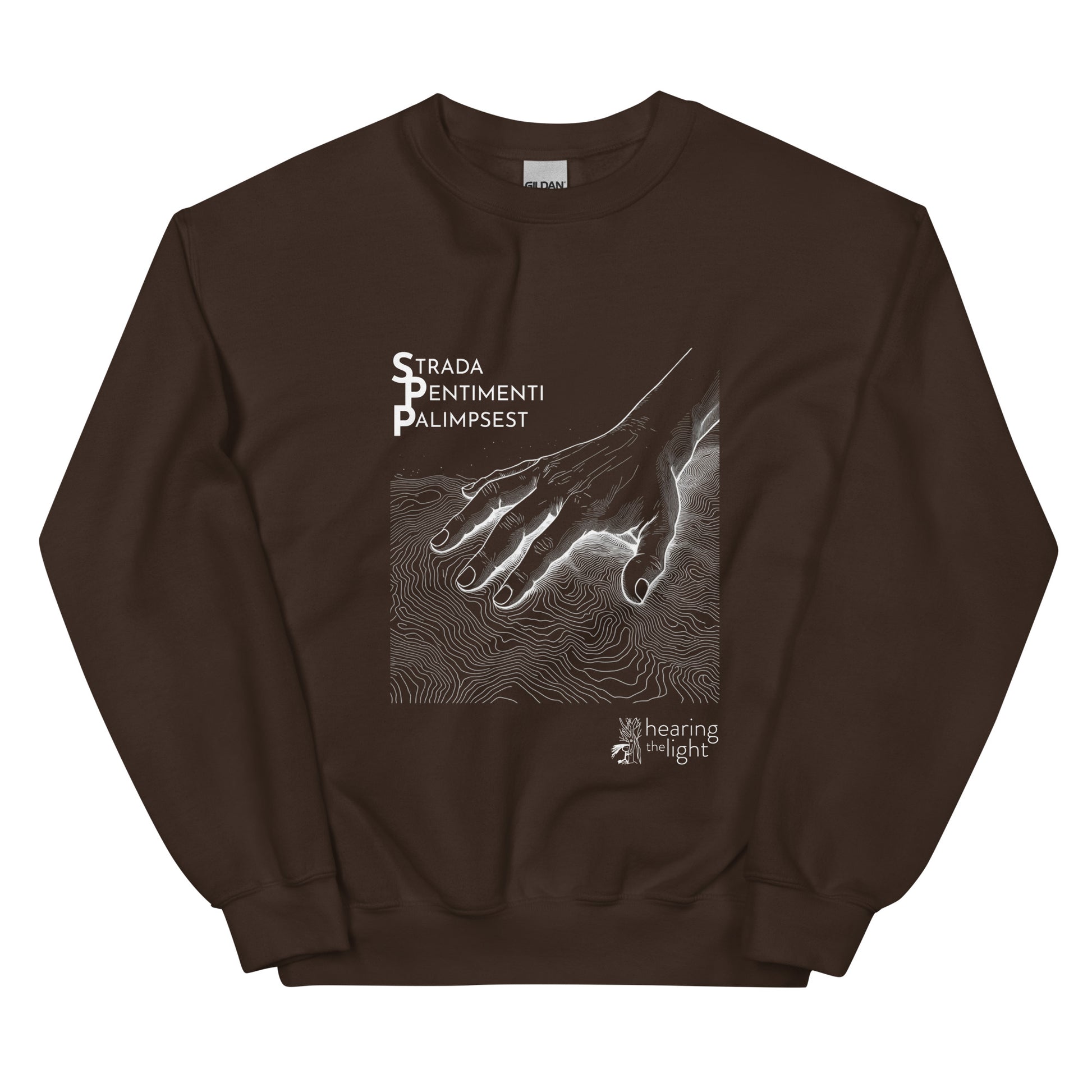 A brown sweatshirt with line art and text that reads 'Strada Sentimenti Palimpsest' on a white background