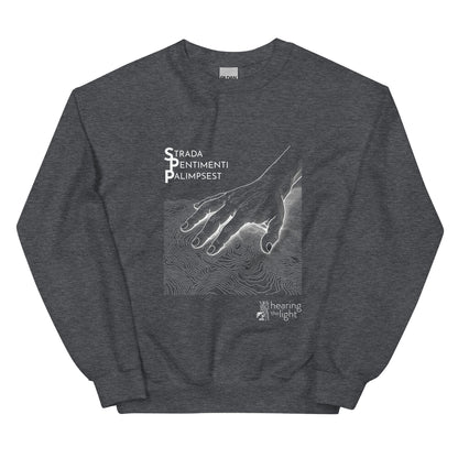 A dark heather sweatshirt with line art and text that reads 'Strada Sentimenti Palimpsest' on a white background