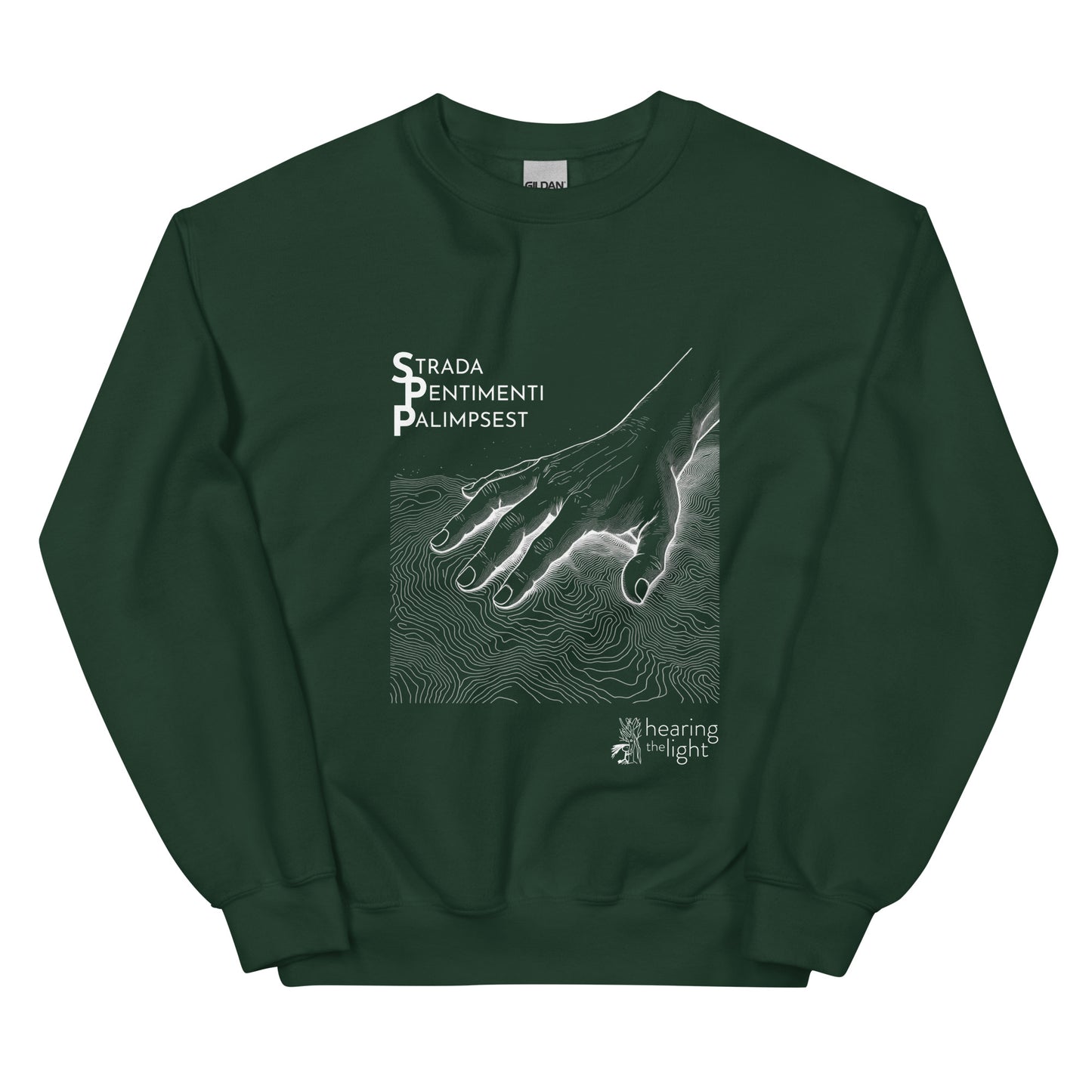 A forest green sweatshirt with line art and text that reads 'Strada Sentimenti Palimpsest' on a white background