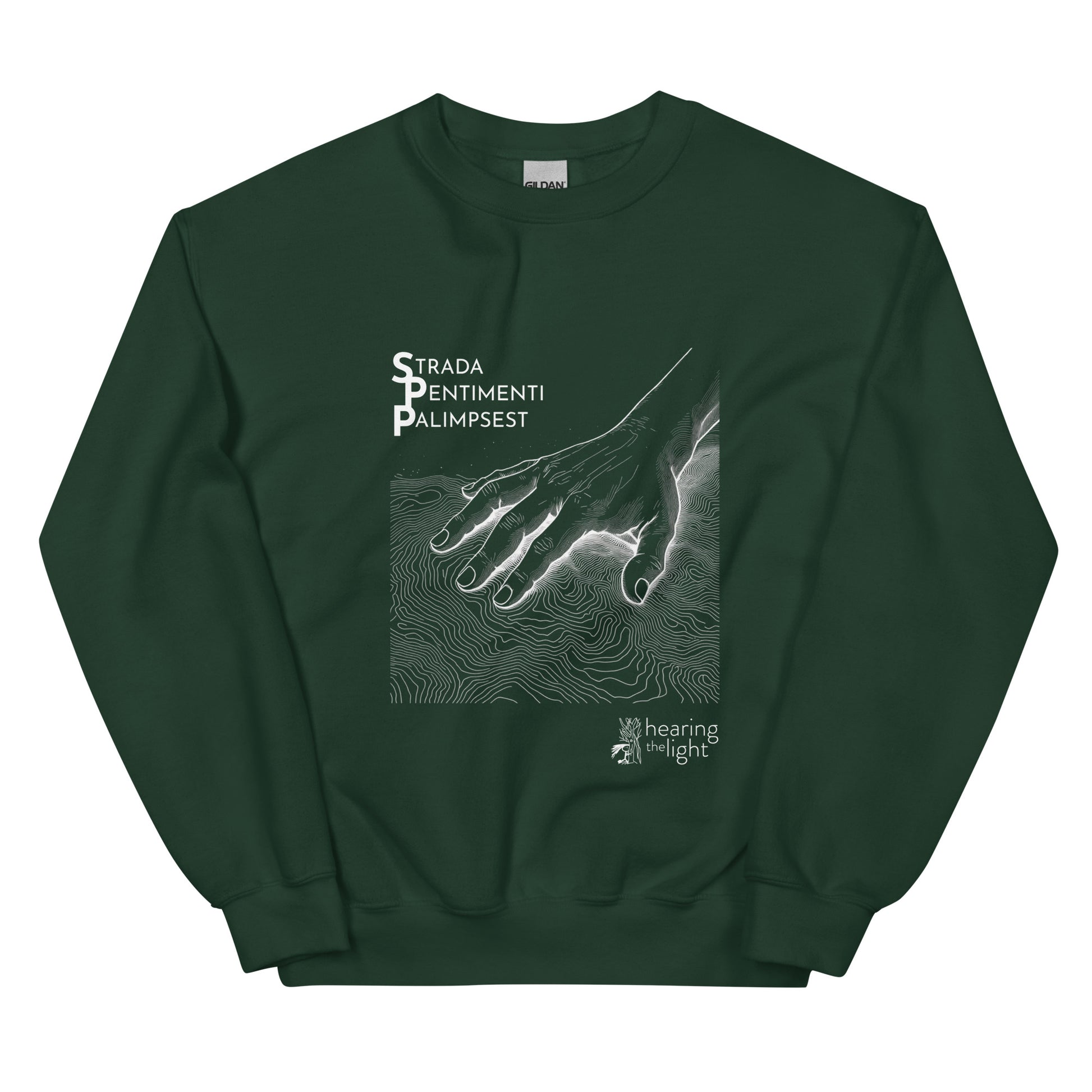 A forest green sweatshirt with line art and text that reads 'Strada Sentimenti Palimpsest' on a white background