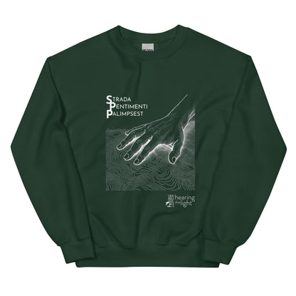 A forest green sweatshirt with line art and text that reads 'Strada Sentimenti Palimpsest' on a white background