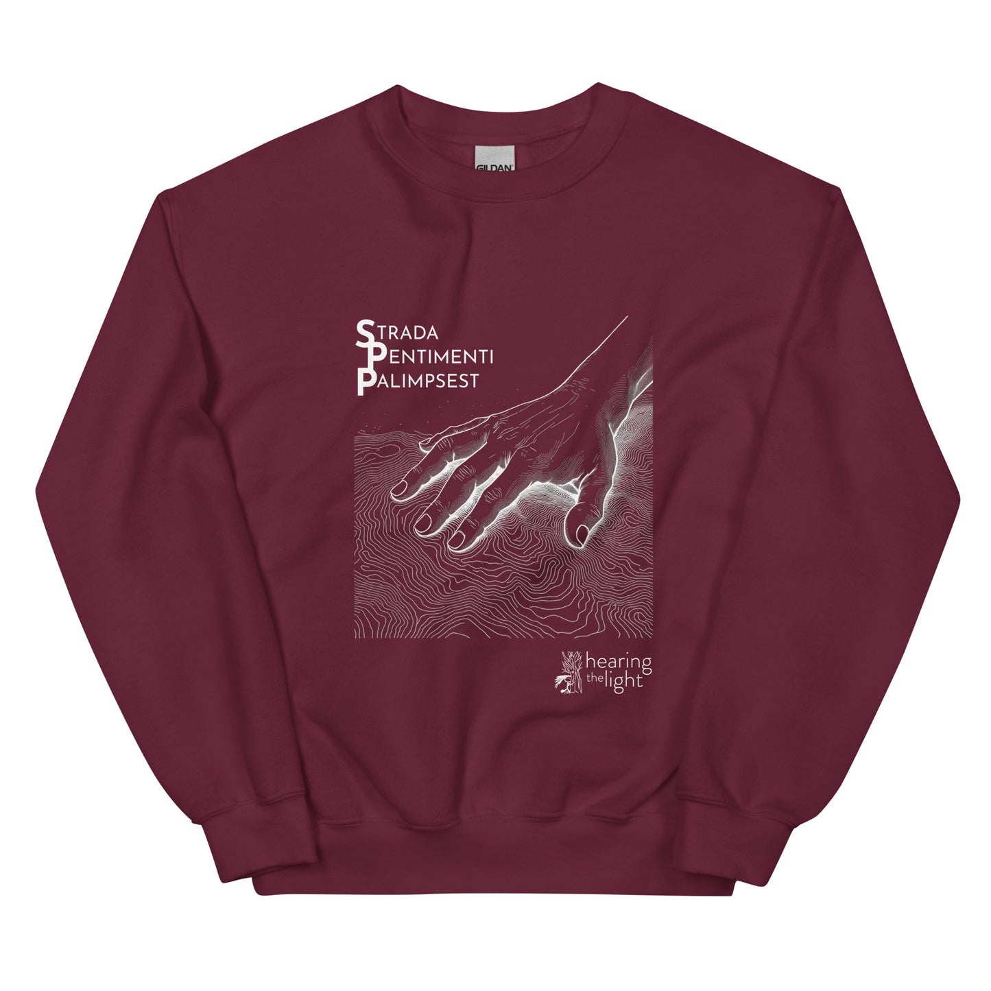A maroon sweatshirt with line art and text that reads 'Strada Sentimenti Palimpsest' on a white background