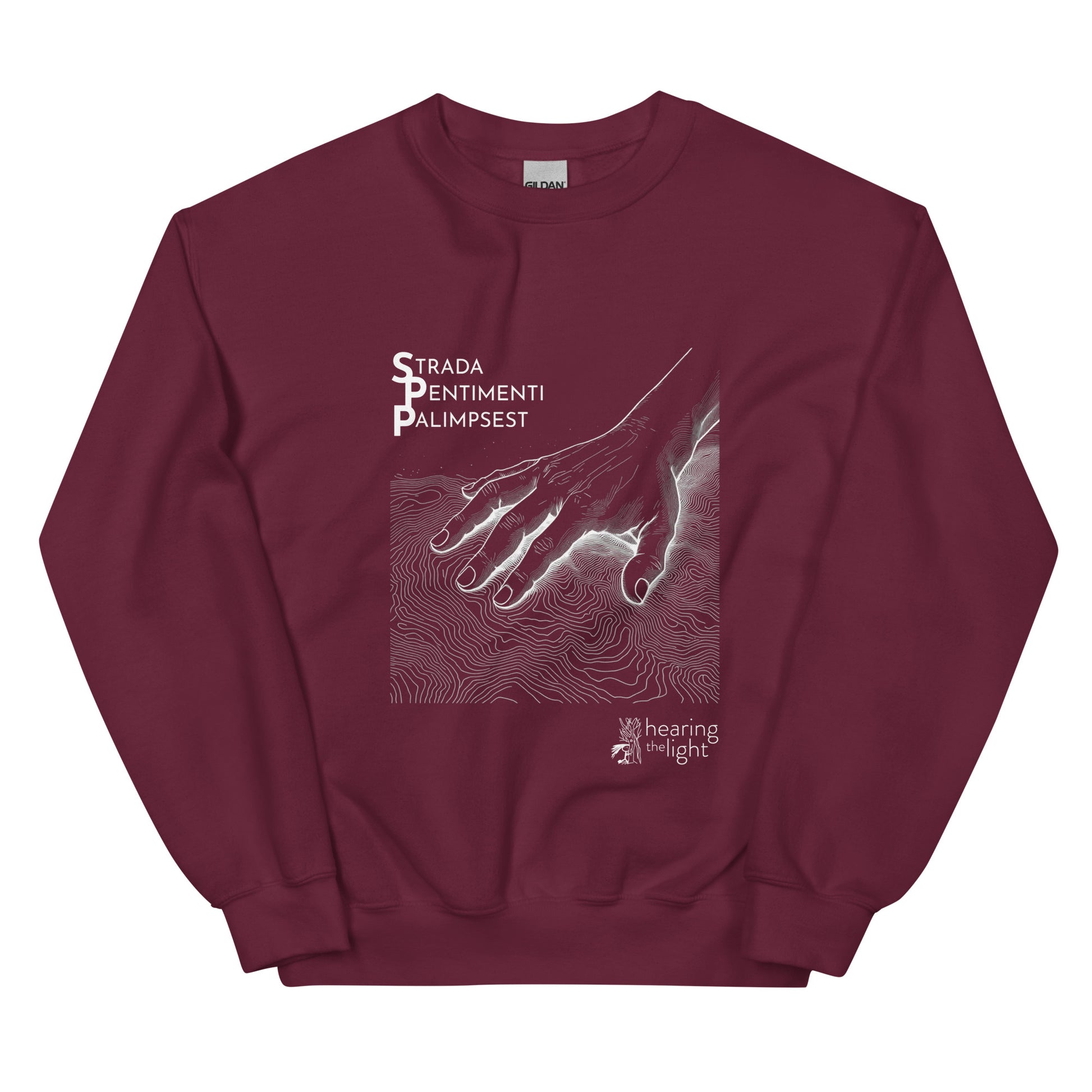 A maroon sweatshirt with line art and text that reads 'Strada Sentimenti Palimpsest' on a white background