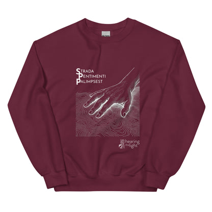 A maroon sweatshirt with line art and text that reads 'Strada Sentimenti Palimpsest' on a white background