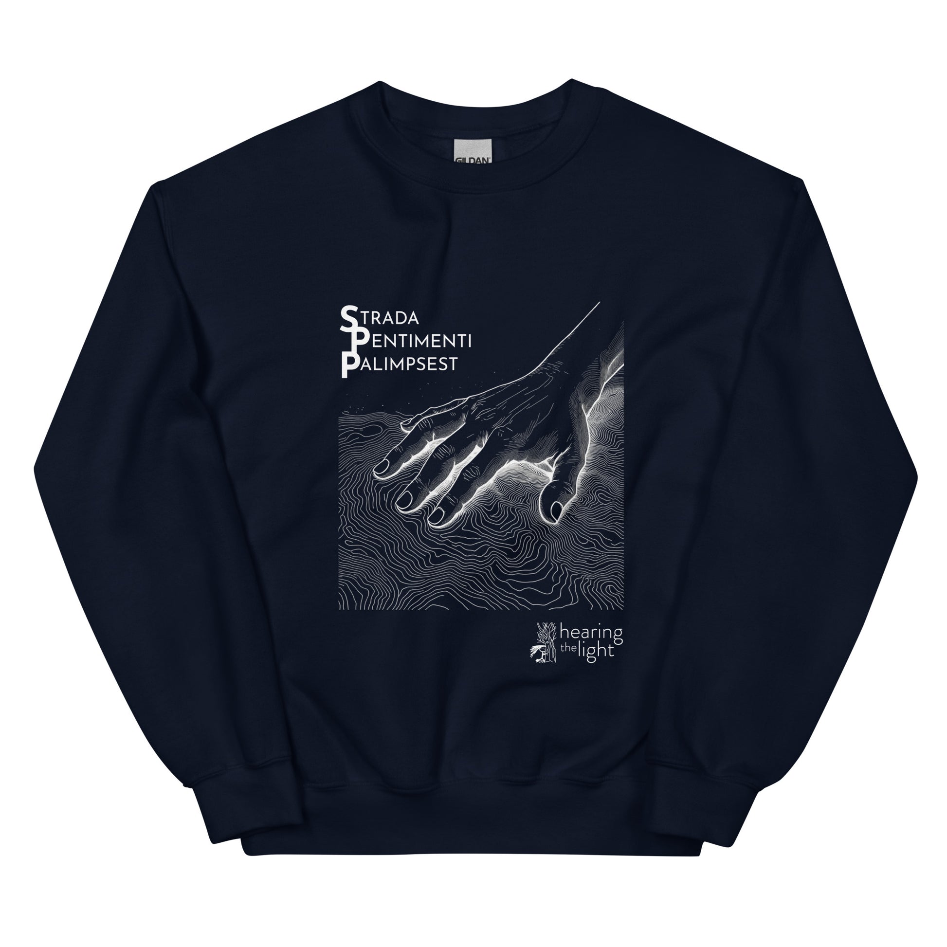 A navy sweatshirt with line art and text that reads 'Strada Sentimenti Palimpsest' on a white background