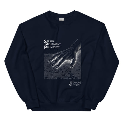 A navy sweatshirt with line art and text that reads 'Strada Sentimenti Palimpsest' on a white background