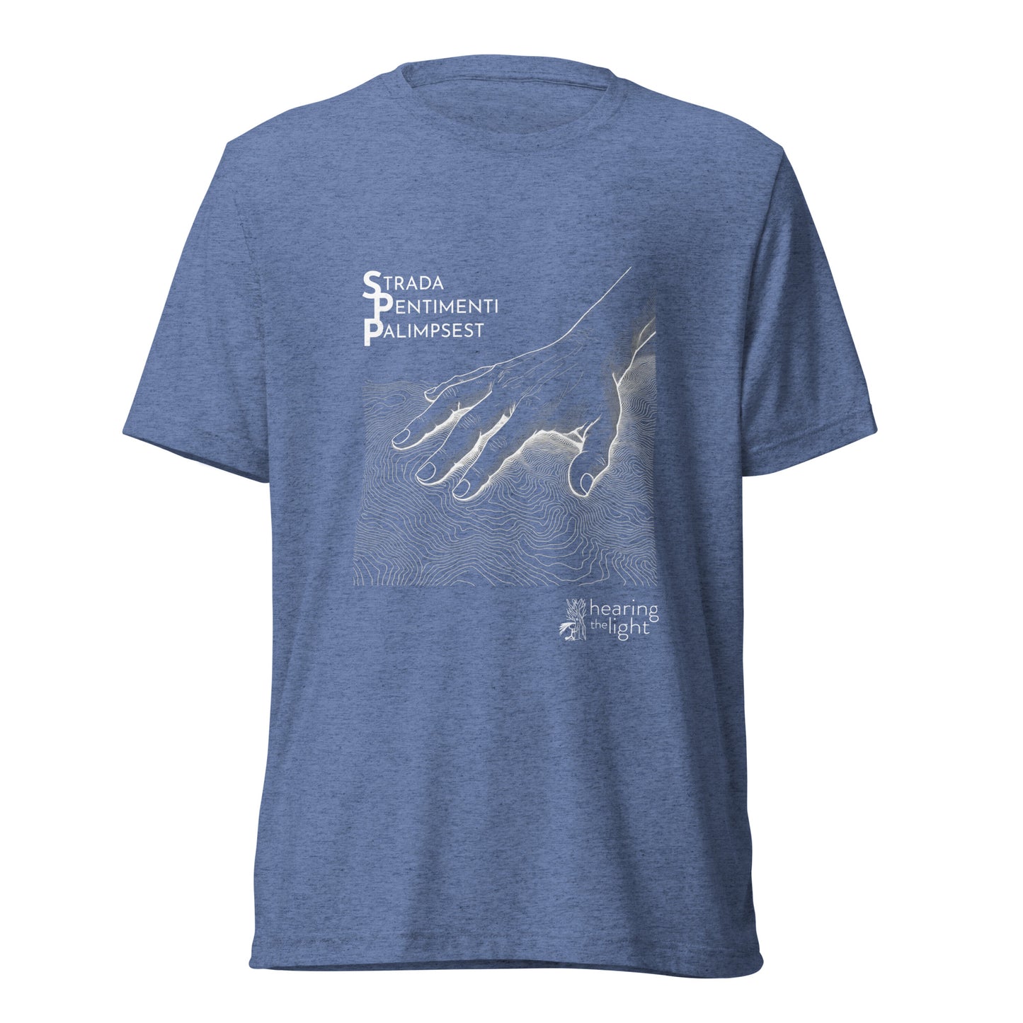 Blue triblend shirt with line art and text that reads 'Strada Sentimenti Palimpsest' on a white background. 