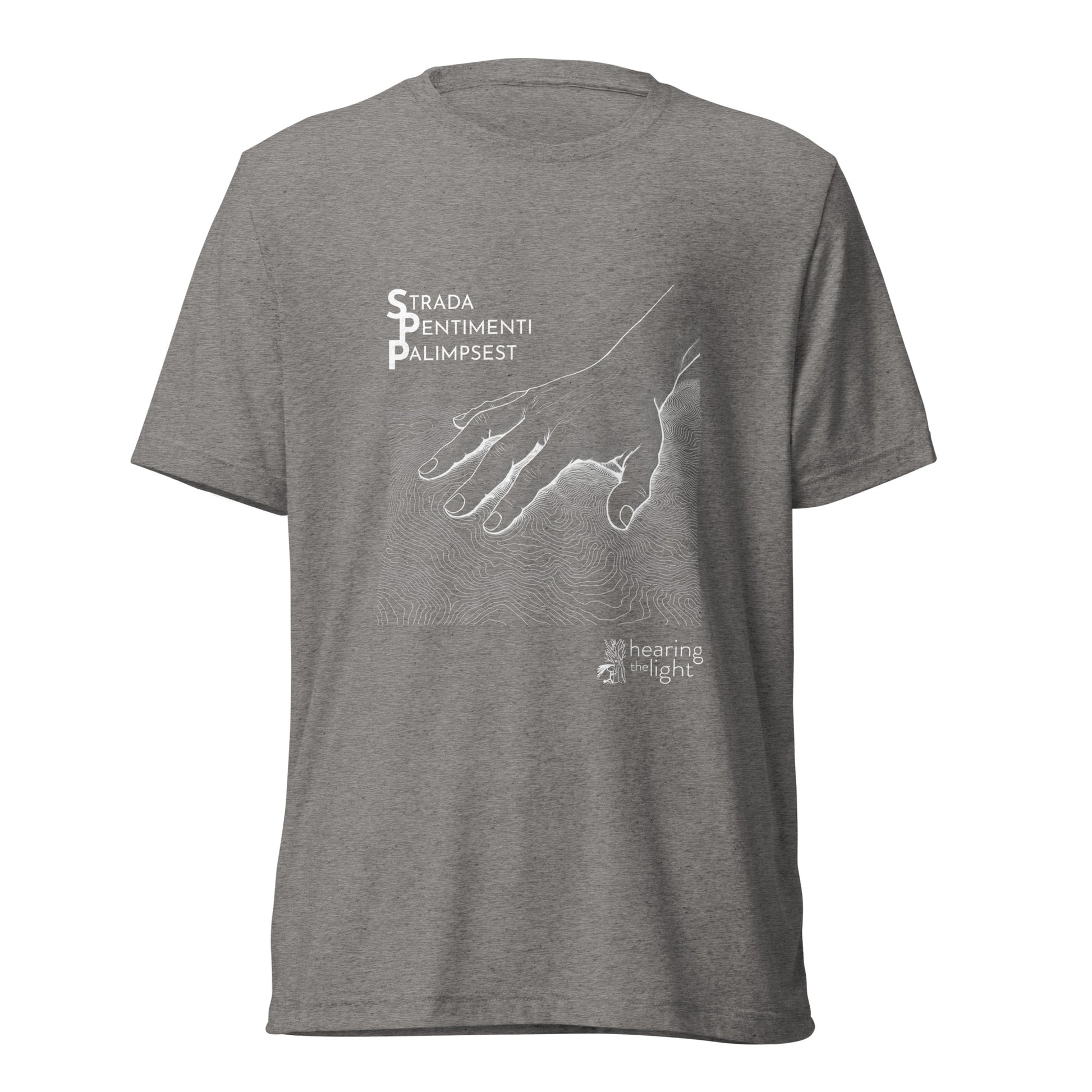 Grey triblend shirt with line art and text that reads 'Strada Sentimenti Palimpsest' on a white background. 