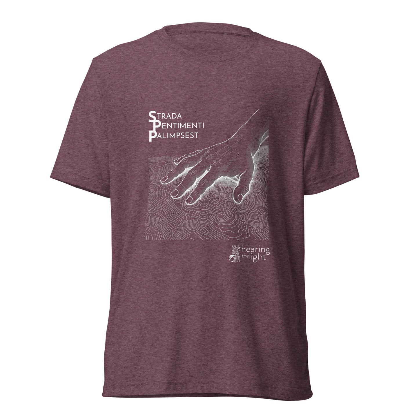 Maroon triblend shirt with line art and text that reads 'Strada Sentimenti Palimpsest' on a white background. 
